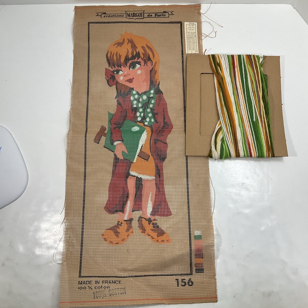 Vintage hand painted Margot de Paris Needlepoint kit girl with book‎ 100% Cotton